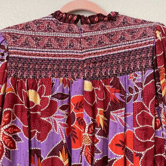 Farm Rio Dress Womens Large Purple Sweet Floral Mini Smocked Puff Sleeve‎ Boho - Picture 9 of 15